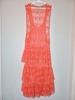Sheer Coral Tiered Lace Maxi Dress